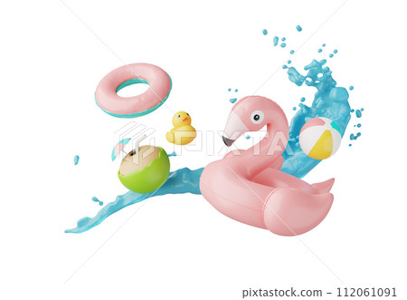 Summer elements 3d icon clipart island isolated on white background, Minimal Realistic objects for mock-up with summer theme, beach umbrella, sand, inflatable ring, vacation time to travel. 112061091