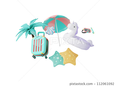 Summer elements 3d icon clipart island isolated on white background, Minimal Realistic objects for mock-up with summer theme, beach umbrella, sand, inflatable ring, vacation time to travel. Summer elements 3d icon clipart island isolated on white background, Minimal Realistic objects for mock-up with summer theme, beach umbrella, sand, inflatable ring, vacation time to travel. 112061092