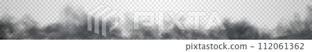 Very long black cloud of smoke isolated on dark transparent background. Panorama of dark realistic 112061362