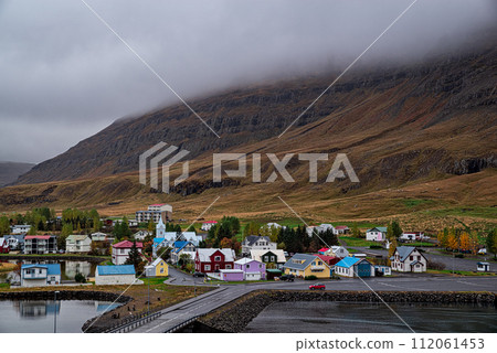 Scenic view of small town Seydisfjordur on Eastside of Iceland 112061453