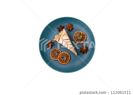 Piece of delicious sweet esterhazy cake with nuts and cream Piece of delicious sweet esterhazy cake with nuts and cream 112061511