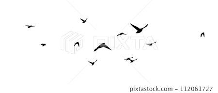 Flying birds silhouette flock. hand drawing. Not AI, Vector illustration Flying birds silhouette flock. hand drawing. Not AI, Vector illustration 112061727