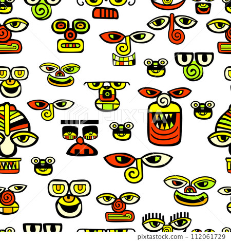 Abstract graphic colored faces seamless pattern. Ancient Inca mask. hand drawing. Not AI . Vector illustration 112061729
