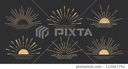 Golden sun burst beam line minimal sunrise decoration isolated on dark background. Celestial sun ray with ocean waves Golden sun burst beam line minimal sunrise decoration isolated on dark background. Celestial sun ray with ocean waves 112061742