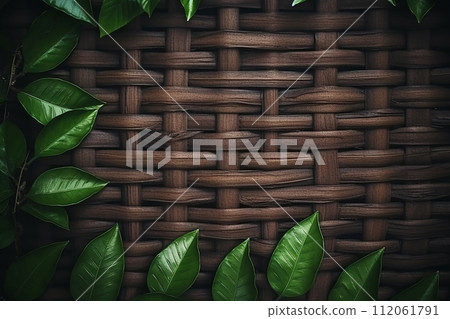 An illustration of wicker pattern or texture, wood background with leafs An illustration of wicker pattern or texture, wood background with leafs 112061791