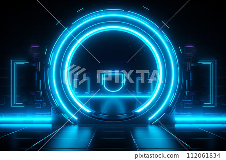 Futuristic blue neon portal in digital environment. 112061834