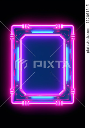 Rectangle horizontal Neon lights frame mock up with glowing pink and blue lights. Rectangle horizontal Neon lights frame mock up with glowing pink and blue lights. 112061845