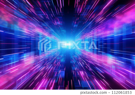 Abstract digital tunnel with vibrant blue and pink light trails. 112061853