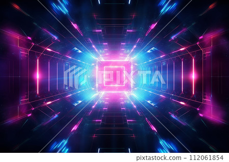 Vibrant neon tunnel forming a futuristic square portal 112061854