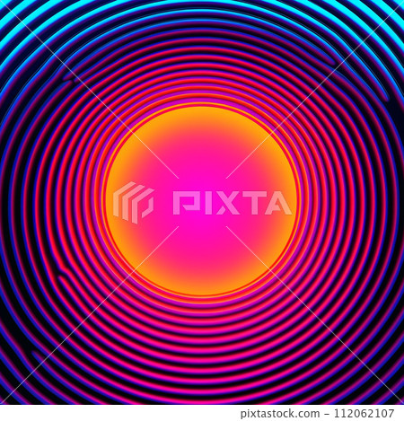 Abstract neon background with concentric circles glowing in blue and pink 112062107