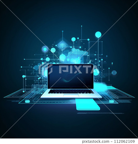 Computer connected by a futuristic network of lines and dots, symbolizing modern communication and technology 112062109