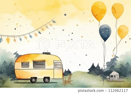 Whimsical watercolor illustration of a vintage caravan with balloons, perfect for postcard or invitation card 112062117