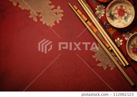 Elegant Asian chopsticks Dining Set on a Red Background with Floral Patterns Elegant Asian chopsticks Dining Set on a Red Background with Floral Patterns 112062123