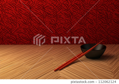 Red Chopsticks, Black Bowl on a Wooden Surface Red Chopsticks, Black Bowl on a Wooden Surface 112062124