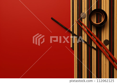 Elegant Asian chopsticks Dining Set on a Textured Red tablecloth Background Elegant Asian chopsticks Dining Set on a Textured Red tablecloth Background 112062125