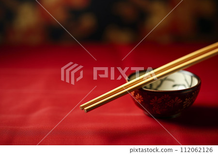 Wooden Chopsticks, Bowl on a table, Red Background Wooden Chopsticks, Bowl on a table, Red Background 112062126