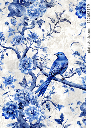 Elegant blue and white floral pattern with a bird, vintage wallpaper 112062159