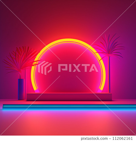 Vibrant neon-lit tropical podium scene with palm trees and an arch, set against a purple background 112062161