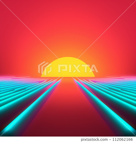 Abstract neon sunset setting over digital waves, in a vibrant red and blue Abstract neon sunset setting over digital waves, in a vibrant red and blue 112062166