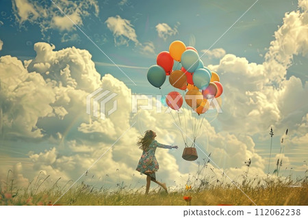 AI-generated content. Young Girl Flying Bunch of Balloons AI-generated content. Young Girl Flying Bunch of Balloons 112062238