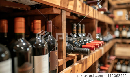 Lineup of wine bottles on wooden wine rack in cellar 112062311