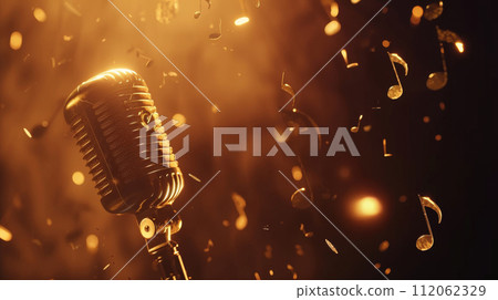 Vintage Microphone with Musical Notes Bokeh Vintage Microphone with Musical Notes Bokeh 112062329