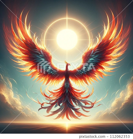 Illustration of a divine phoenix spreading its wings with the sun at its back 112062353