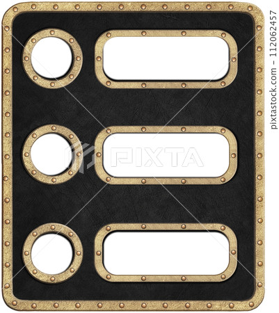 Blank steampunk-style plaques in a brass frame with rivets on a leather background 112062457