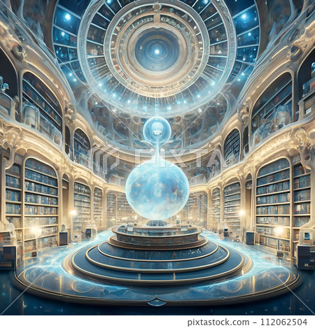 virtual view of golden-blue Akashi library extraterrestrial magical space. knowledge mystery concept. Ai generated. virtual view of golden-blue Akashi library extraterrestrial magical space. knowledge mystery concept. Ai generated. 112062504