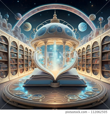 virtual view of golden-blue  Akashi library extraterrestrial magical  space. knowledge  mystery concept. Ai generated. 112062505