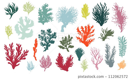 AI-generated content. Seaweeds silhouettes. Isolated algae, seaweed colorful symbols. Ocean and sea plants, underwater world nature. Aquarium elements, vector set 112062572