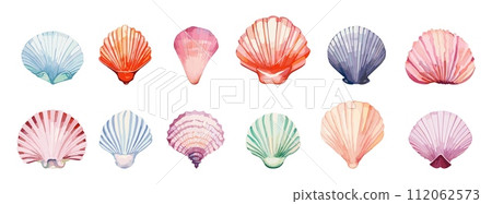 AI-generated content. Seashells clipart. Watercolor seashell isolated on white background. Underwater and beach objects, decorative elements for aquarium, vector set 112062573