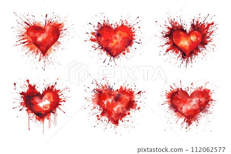 AI-generated content. Red watercolor hearts in paint splash. Heart isolated, love romantic symbols. Decorative abstract wedding or passion elements, vector clipart 112062577