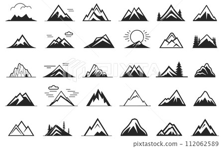 AI-generated content. Mountains simple icons. Mountain rocks black pictograms, peaks for winning progress motivation achievment career success leadership design 112062589