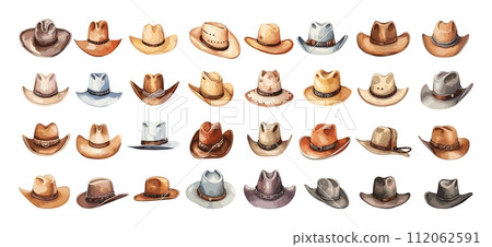 AI-generated content. Male hats cowboy style collection. Cowboys head accessories, wild west hat watercolor set. Isolated fashion icons, vector clipart 112062591