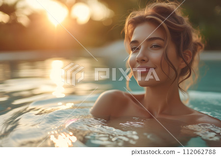 Serenity Oasis: Young Woman Basks in Outdoor Spa Pool Beauty Serenity Oasis: Young Woman Basks in Outdoor Spa Pool Beauty 112062788