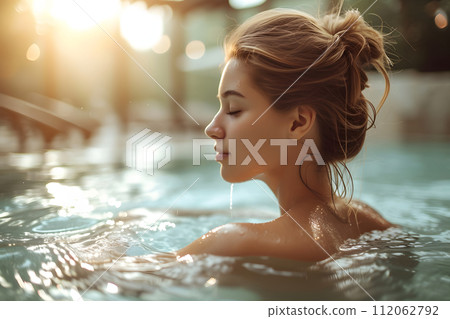 Serenity Oasis: Young Woman Basks in Outdoor Spa Pool Beauty 112062792