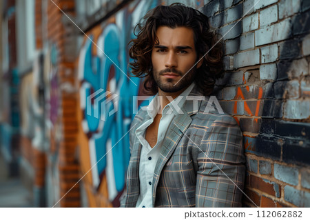 Arabian Street Vibe: Confident Man in Suit Jacket with Flowing Hair Arabian Street Vibe: Confident Man in Suit Jacket with Flowing Hair 112062882