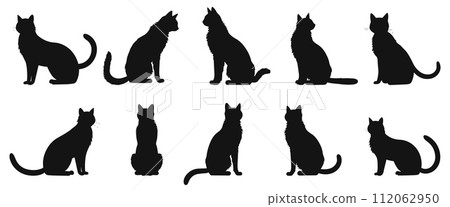 AI-generated content. Cat poses black silhouettes. Sitting cats friends isolated set, kitty outline vector icons on white AI-generated content. Cat poses black silhouettes. Sitting cats friends isolated set, kitty outline vector icons on white 112062950