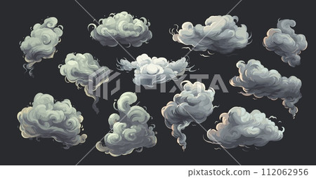 AI-generated content. Cartoon smoke clouds. Fumes fire cloud set with flame reflections isolated vector elements for games and books 112062956