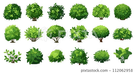 AI-generated content. Cartoon shrub bush set. Garden green decoration bushes, illustrated hedge shrubs plants isolated on white 112062958