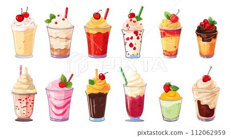 AI-generated content. Cartoon milkshakes with cream, fruits and berries. Isolated sweet dessert drinks. Children menu in cafe or bar, tasty cold summer food vector set 112062959