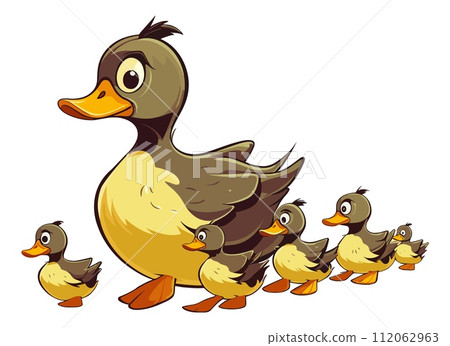 AI-generated content. Cartoon duck and ducklings walking isolated on white background 112062963