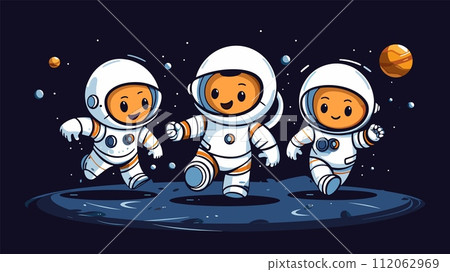 AI-generated content. Cartoon cute astronauts run. Funny cosmonauts, space characters in costumes moving on planet. Adventures in universe, childish vector illustration 112062969