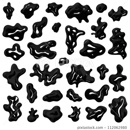 AI-generated content. Black slime stains. Viscous oil blobs, goo paints, inking mucus abstract splash set, liquid sauce drops shapes isolated on white AI-generated content. Black slime stains. Viscous oil blobs, goo paints, inking mucus abstract splash set, liquid sauce drops shapes isolated on white 112062980