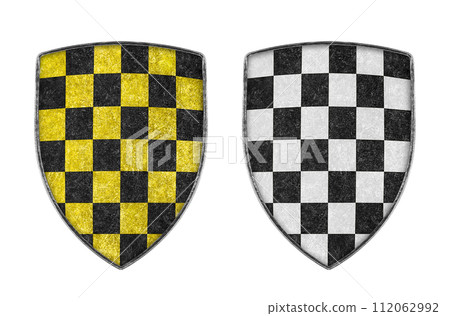 Old metal checkered shield isolated on white background Old metal checkered shield isolated on white background 112062992
