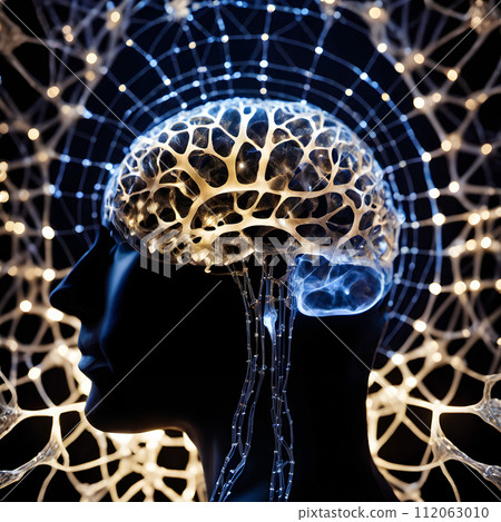 AI-generated content. An artistic representation of a human head in profile view with an intricate and luminous neural network structure. 112063010