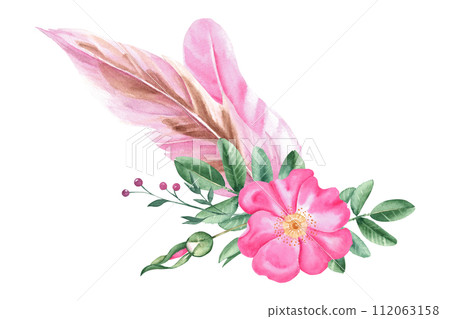 Watercolor dog rose bouquet, corner composition from flowers, leaves and pink berries isolated on white background. Botanical hand drawn illustration. For cards, invitations and floral designs. Watercolor dog rose bouquet, corner composition from flowers, leaves and pink berries isolated on white background. Botanical hand drawn illustration. For cards, invitations and floral designs. 112063158