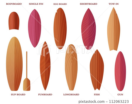 Surfing board wooden collection. Various surf boards types. Isolated longboard, bodyboard, shortboard. Extreme water sport nowaday vector equipment 112063223