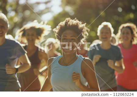 AI-generated content. Joyful Diverse Group Running in Park 112063224